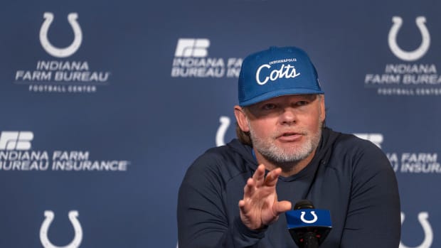 Indianapolis Colts General Manager Chris Ballard speaks to the media Thursday, Jan. 11, 2024 at the Indiana Farm Bureau Football Center, the Colts Complex.